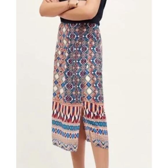 Anthropologie 100% Silk HD in Paris Geometric Printed Midi Skirt 10 Slit Boho - Picture 6 of 11